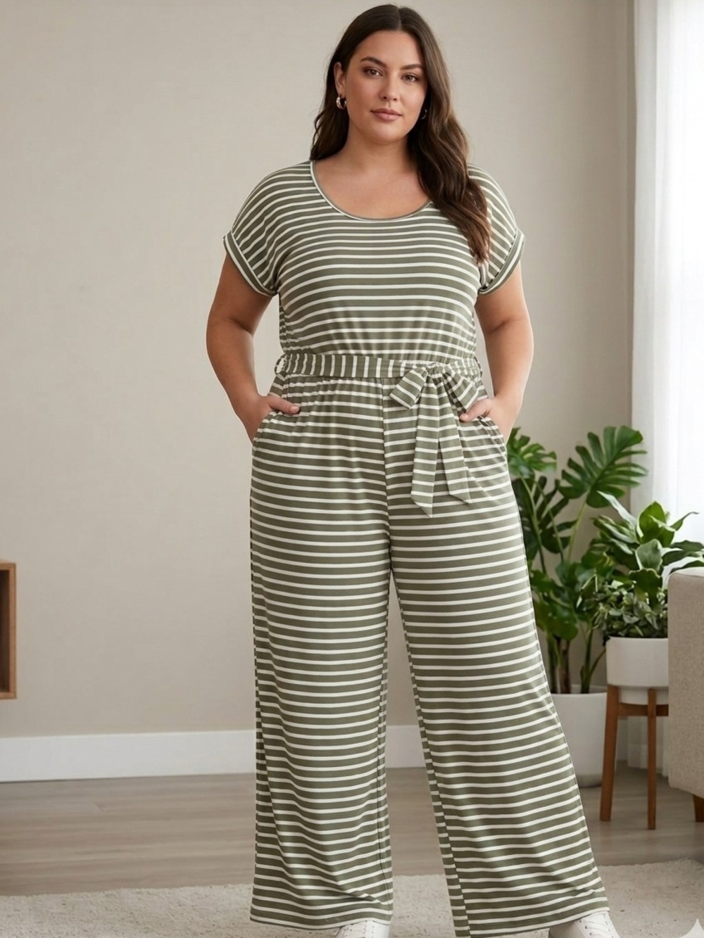 Harlow & Rose Woman Olive Striped Jumpsuit Romper 1X Wide Leg Belted Stretch
